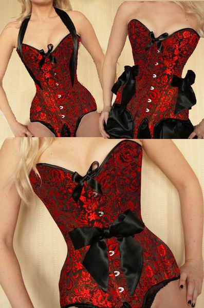 Red brocade corset with bow